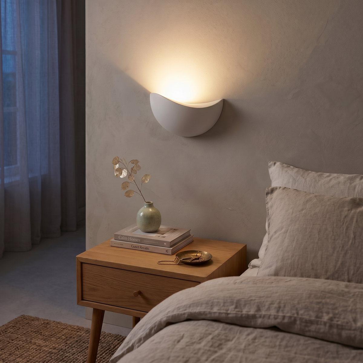 White Mezzaluna sconce casting a warm upward glow above a bedside table