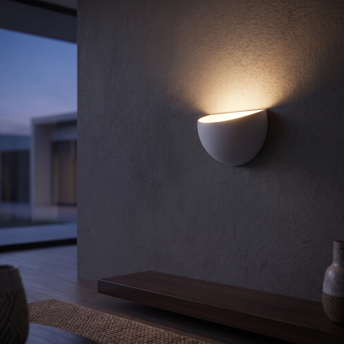 White Mezzaluna sconce glowing upward on a textured wall at dusk