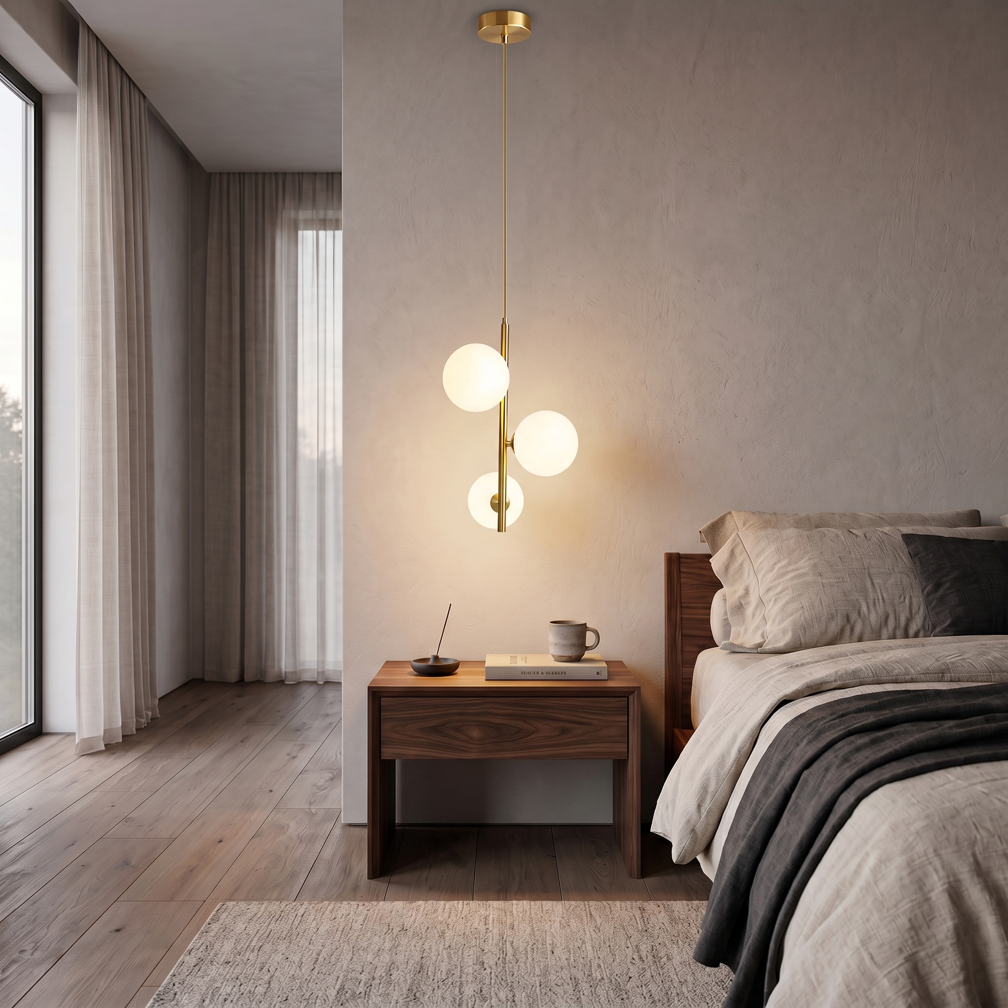 Brass Perla Opal Globe Pendant over a nightstand beside a bed