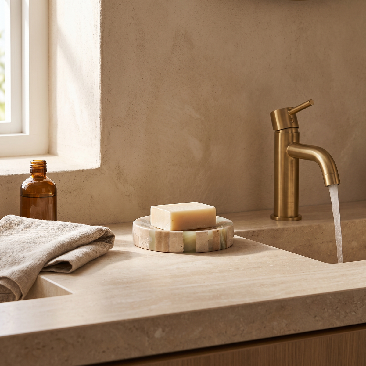 Olvera travertine and onyx dish used as a soap dish on a stone bathroom vanity