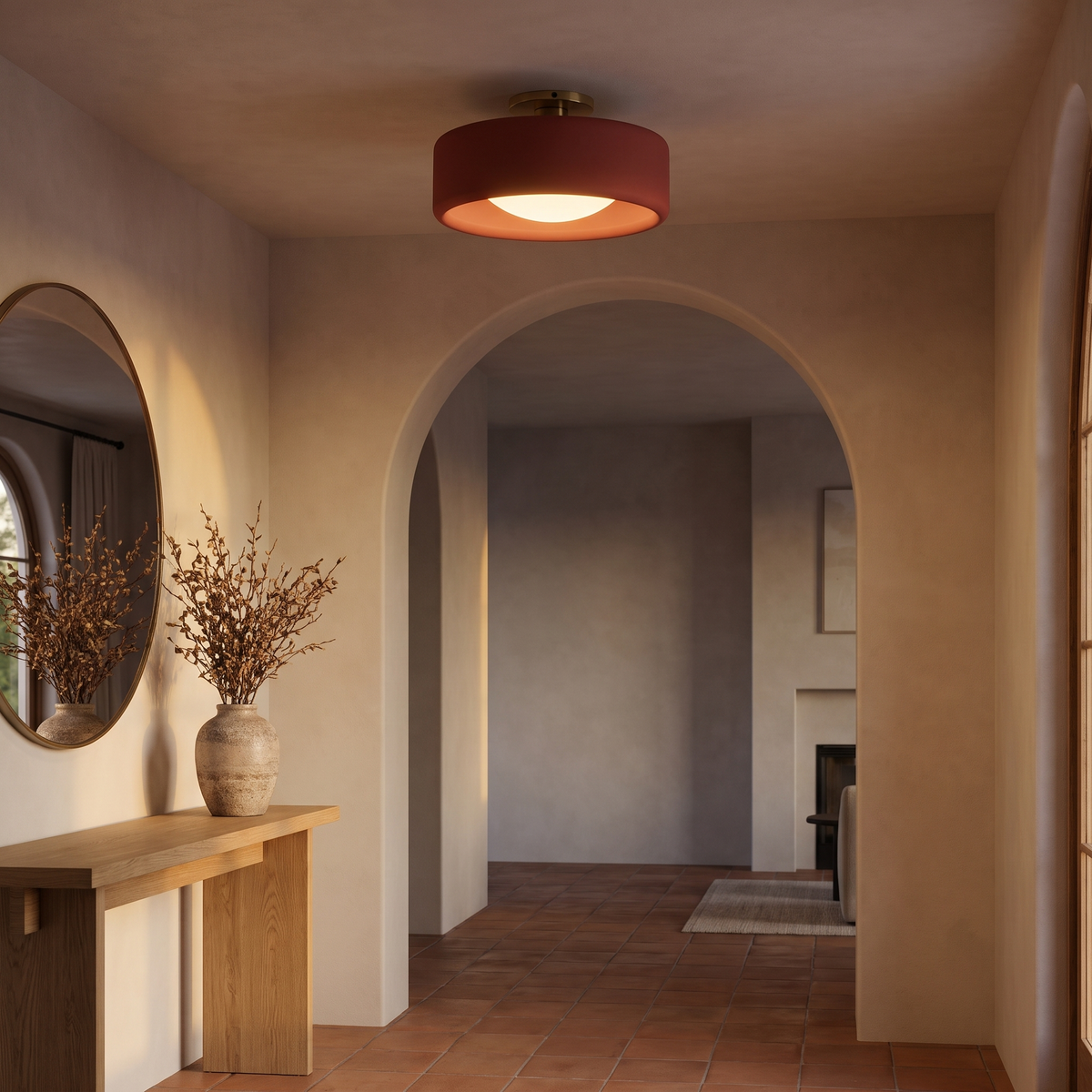Brick red porcelain semi-flush ceiling light in an arched entryway