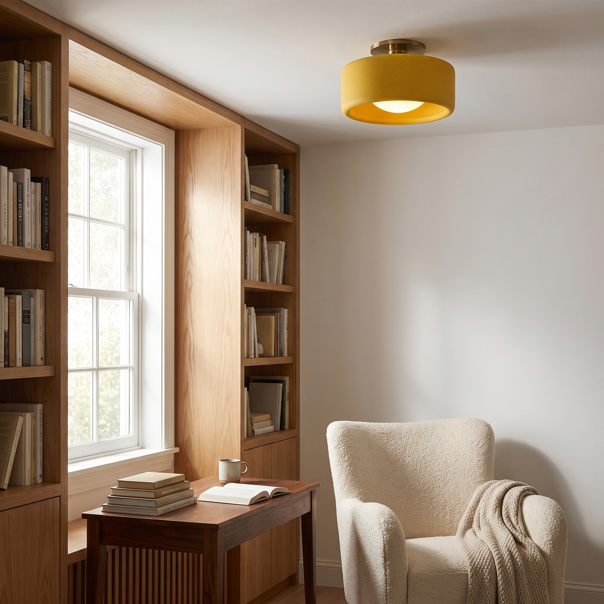 Yellow porcelain semi-flush ceiling light above a reading nook with oak bookshelves
