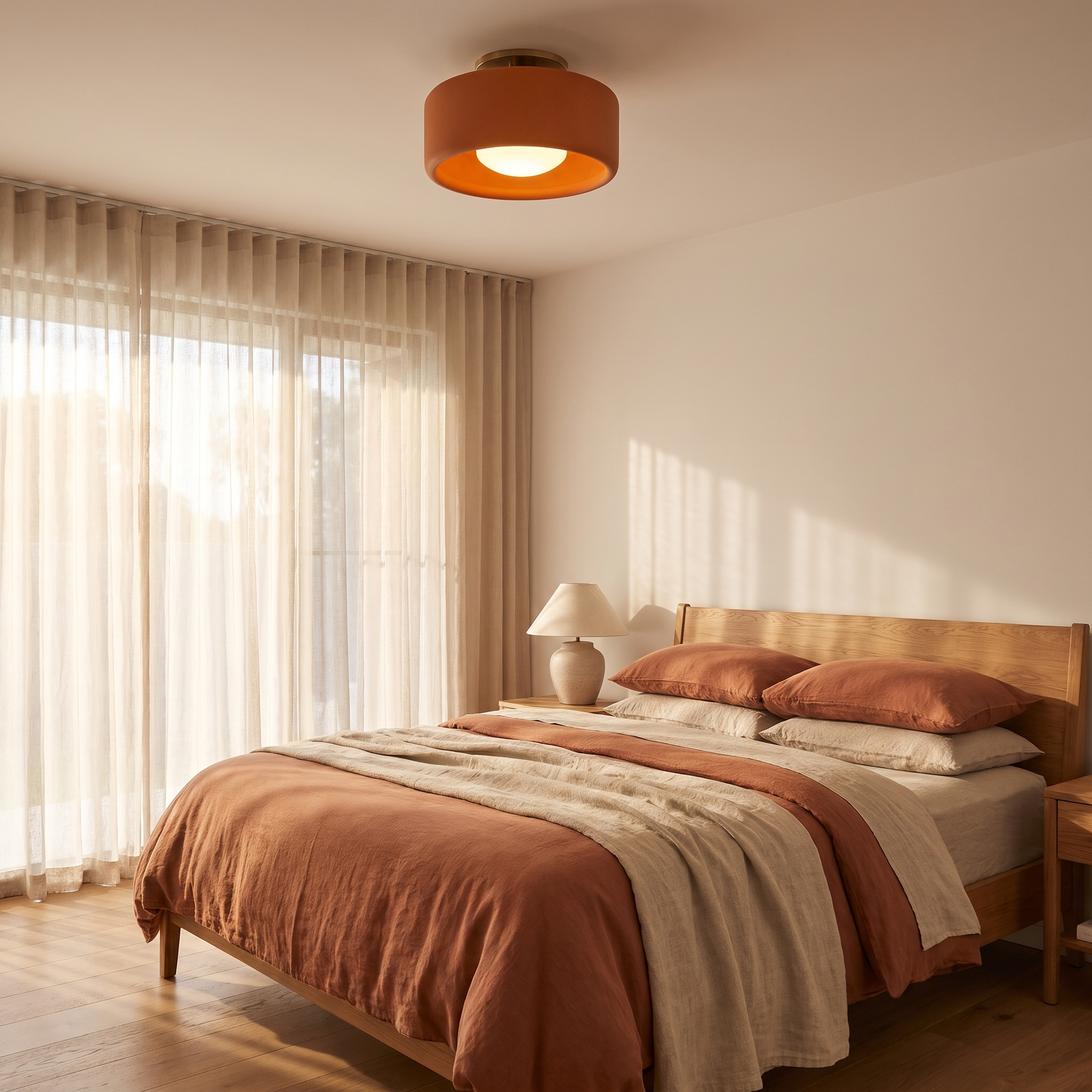Orange porcelain semi-flush ceiling light in a warm linen bedroom