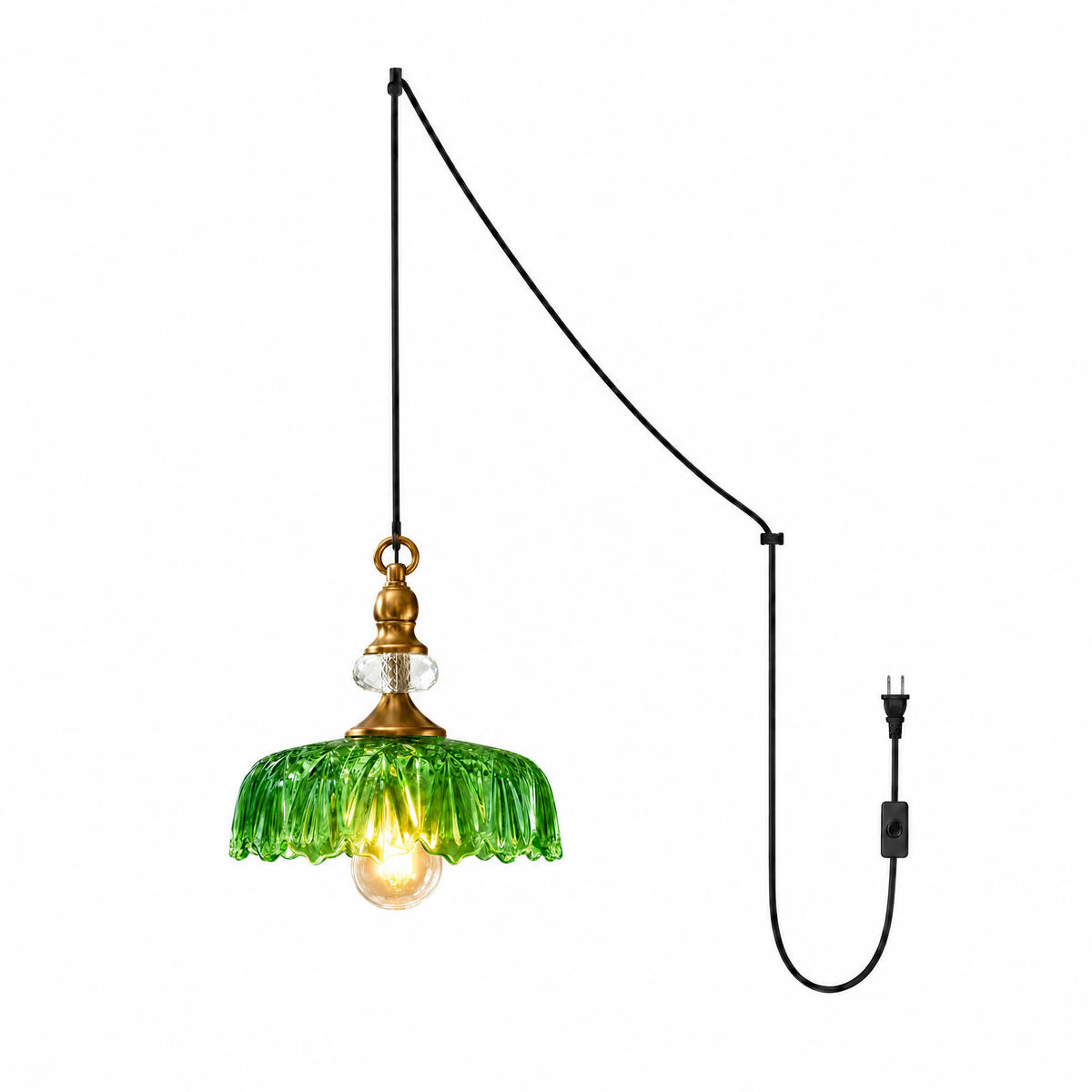 Fiore di Vetro plug-in glass flower pendant in Green & Brass with swag hook and cord