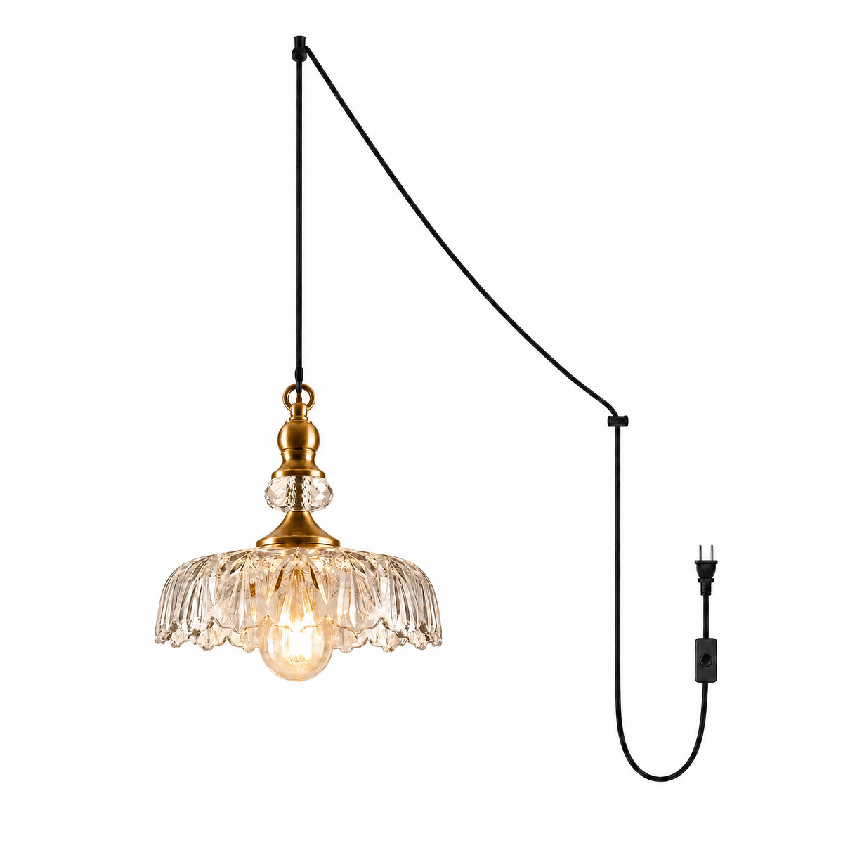 Fiore di Vetro plug-in glass flower pendant in Clear & Brass with swag hook and cord