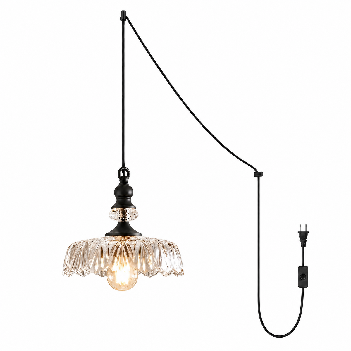 Fiore di Vetro plug-in glass flower pendant in Clear & Black with swag hook and cord