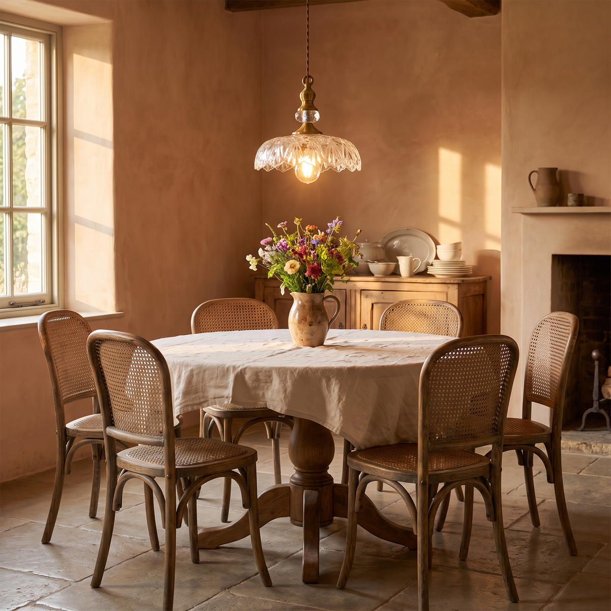 Clear glass and brass flower pendant above a round farmhouse dining table