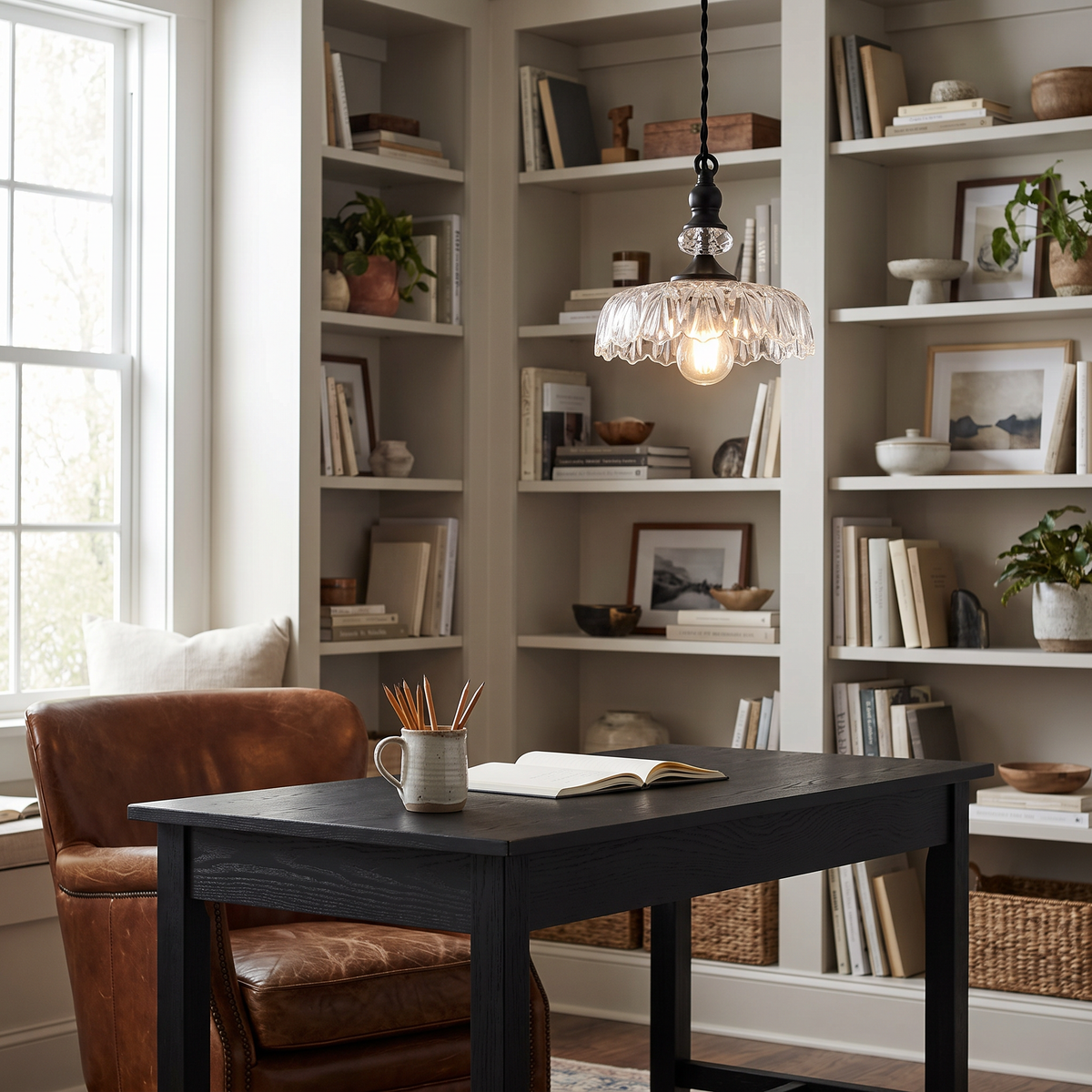 Clear glass flower pendant with black neck above a writing desk in a home study