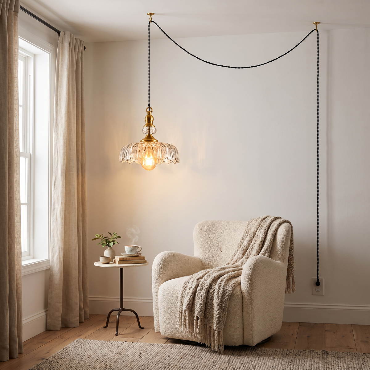 Plug-in glass flower pendant swagged over a bouclé reading chair