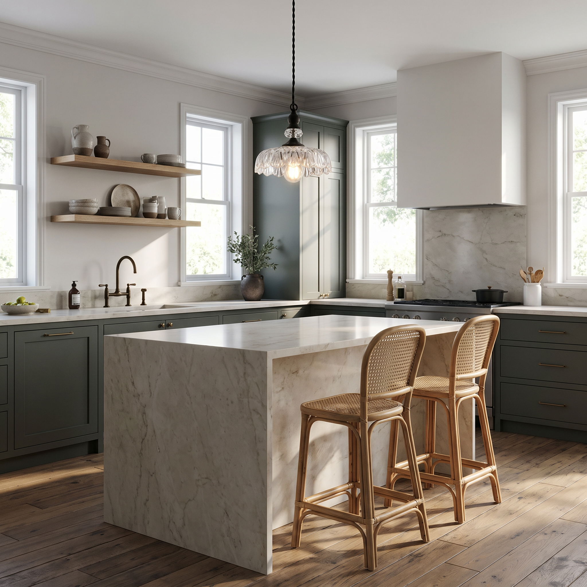 Clear glass flower pendant with black neck above a marble kitchen island