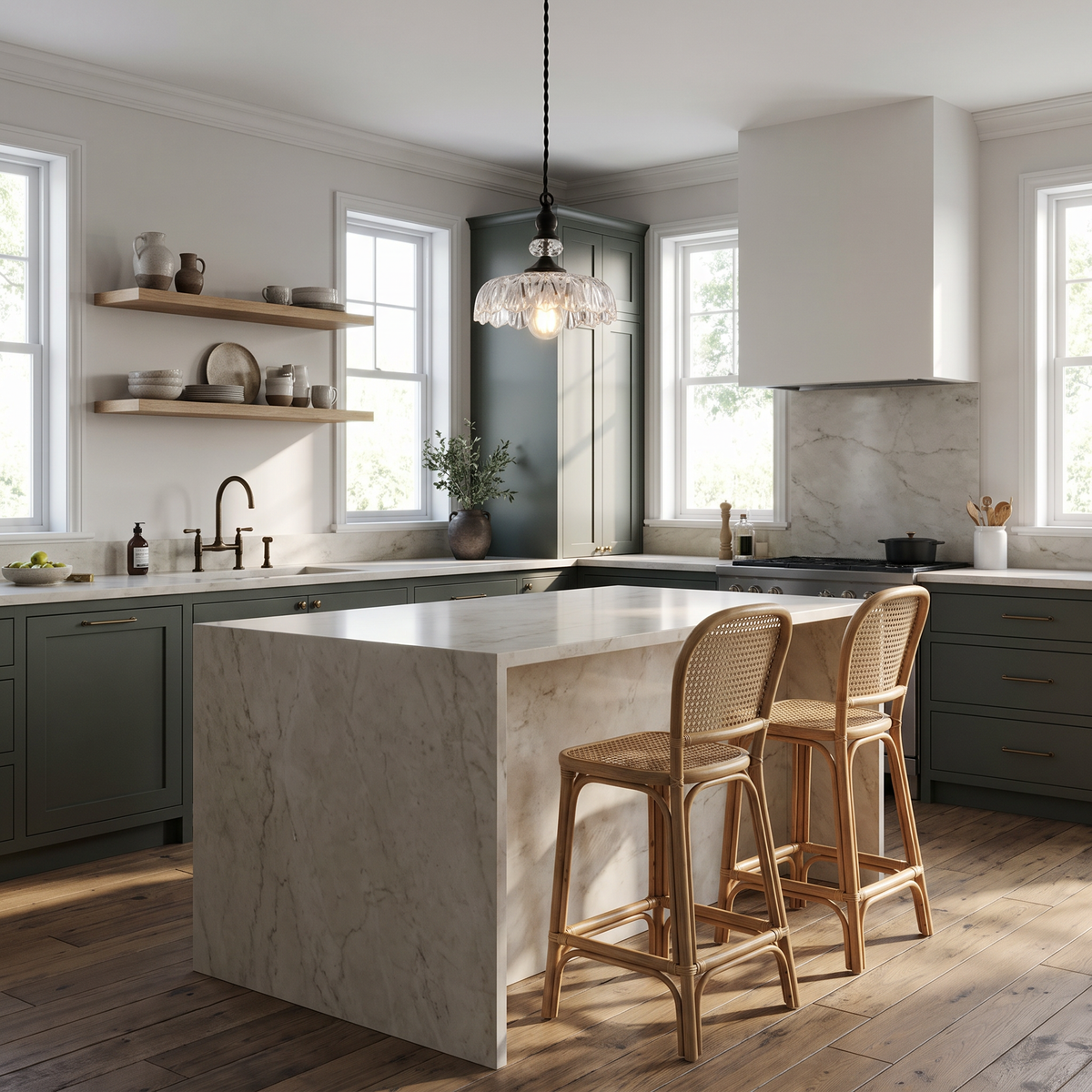 Clear glass flower pendant with black neck above a marble kitchen island