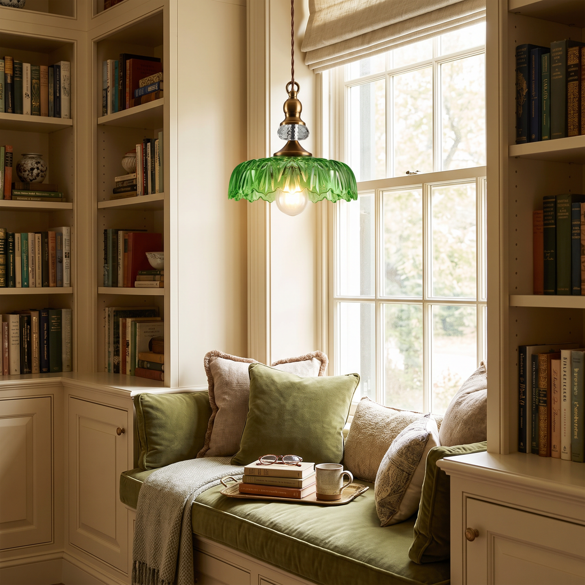 Green glass flower pendant above a library window seat