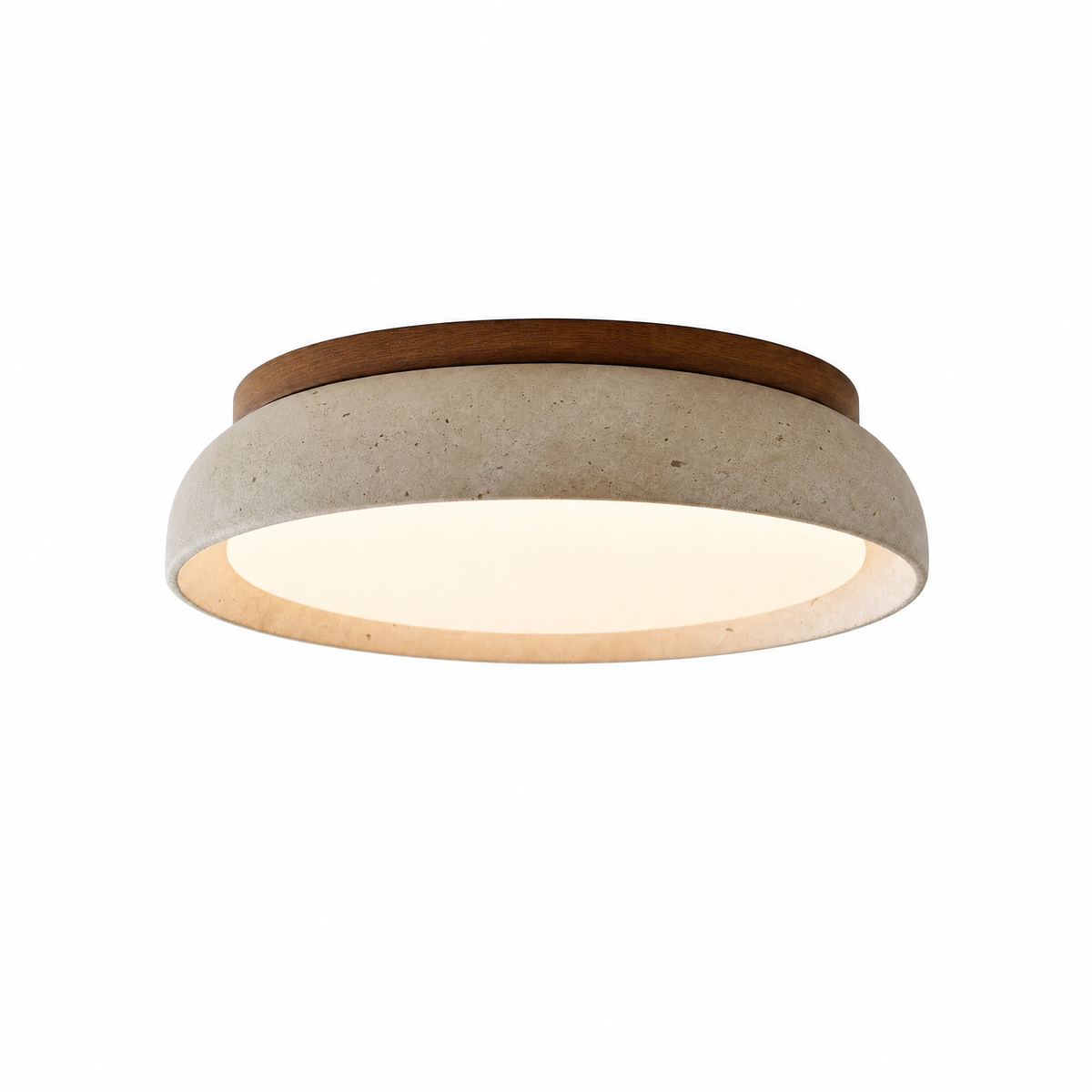 Pietra Morbida travertine and walnut flush mount ceiling light, lit, on white