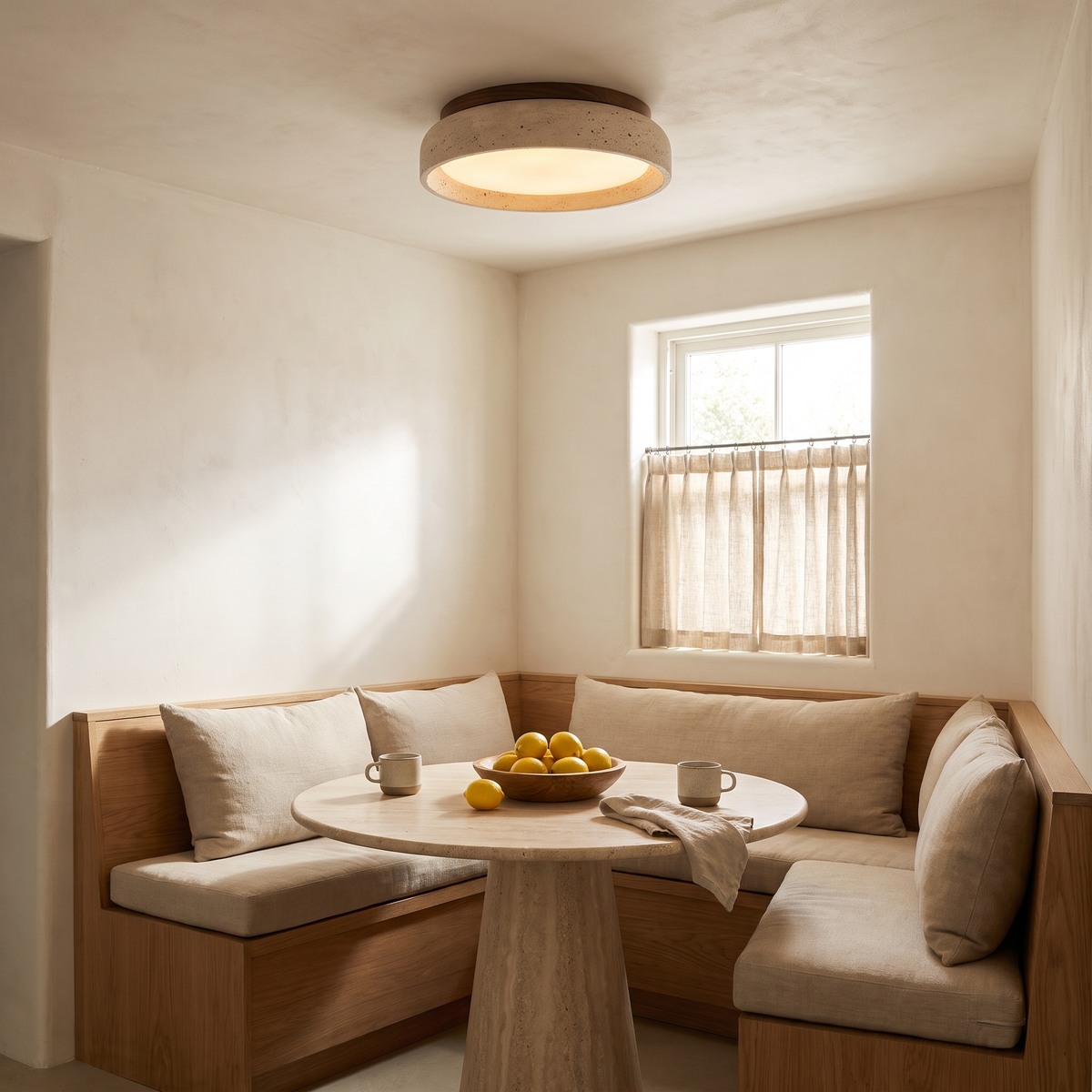 Travertine flush mount ceiling light above a breakfast nook banquette