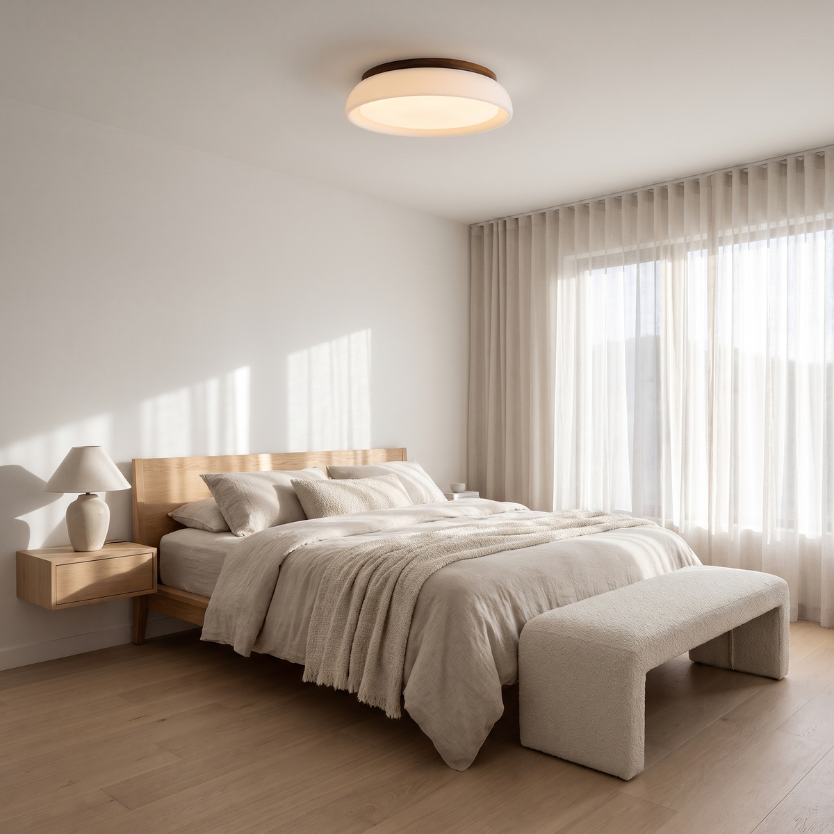 Frosted glass and walnut flush mount ceiling light in a serene linen bedroom