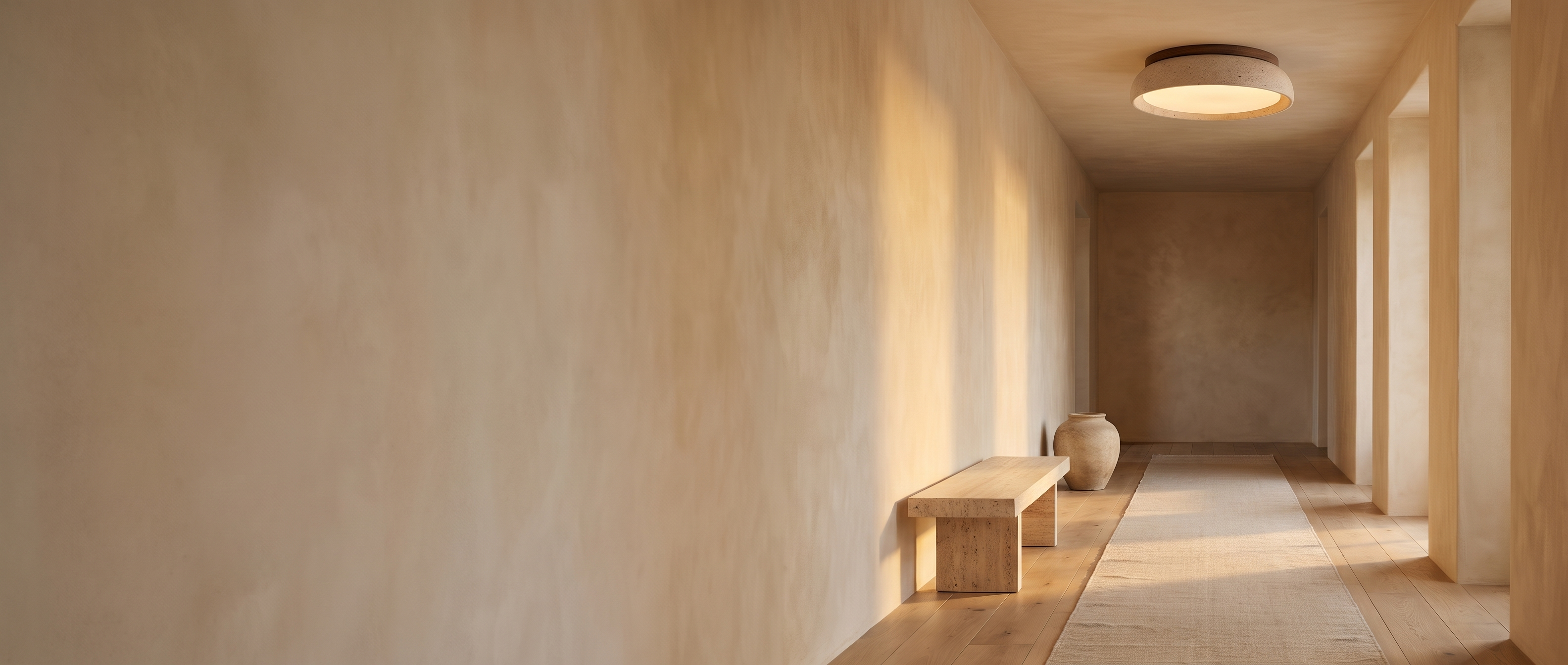 Travertine flush mount ceiling light glowing in a long limewashed Italian hallway