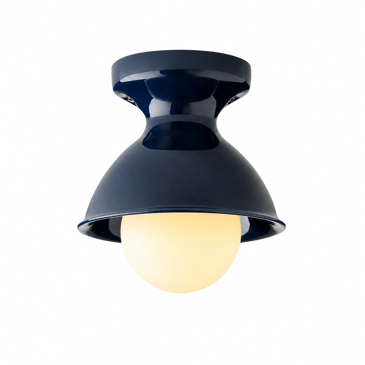Campanella Smaltata ceramic flush mount in Navy, Grande, lit, on white
