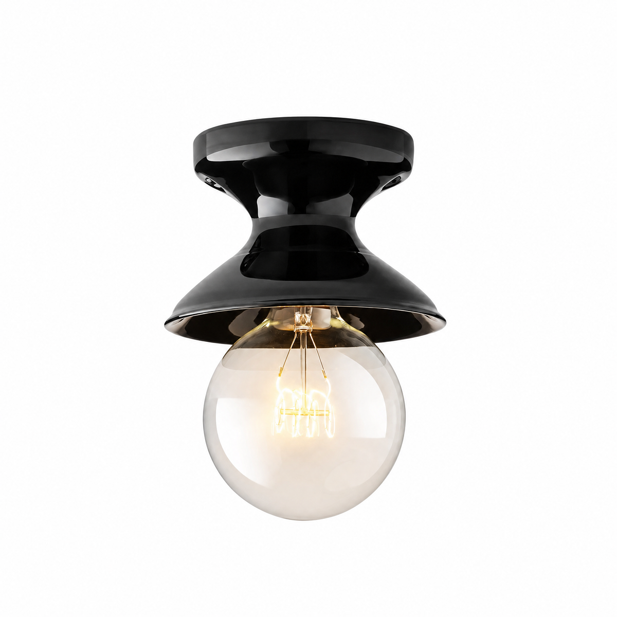 Campanella Smaltata ceramic flush mount in Black, Petite, lit, on white