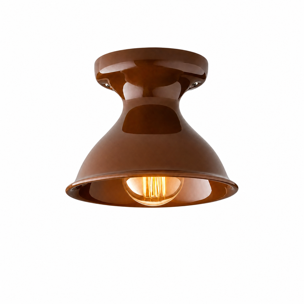 Campanella Smaltata ceramic flush mount in Auburn, Grande, lit, on white