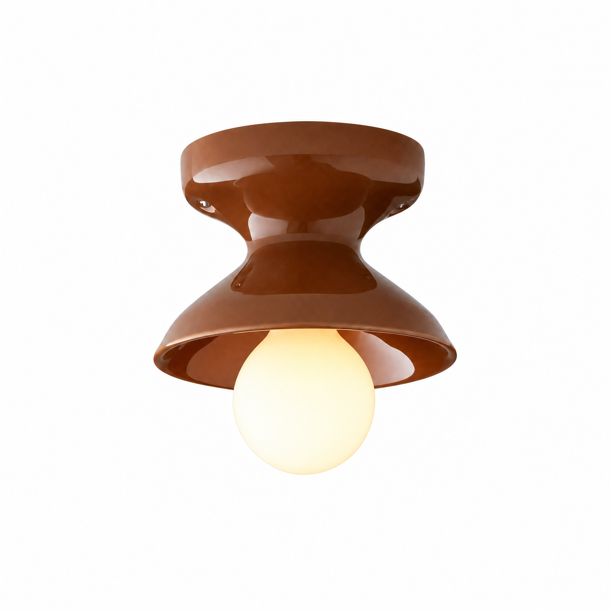 Campanella Smaltata ceramic flush mount in Auburn, Petite, lit, on white