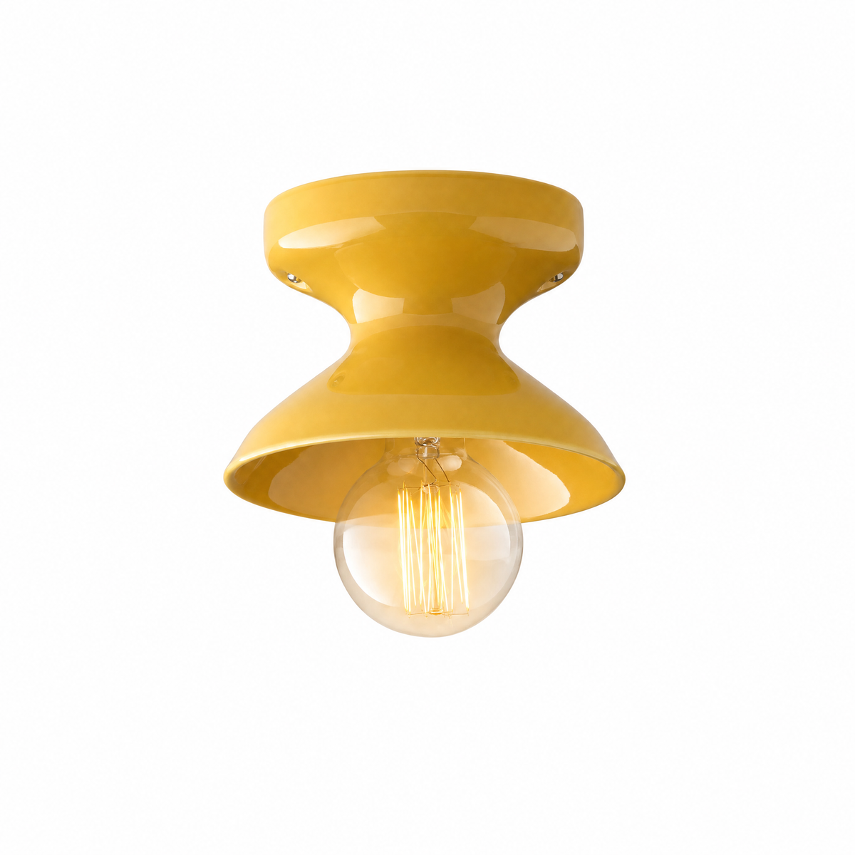 Campanella Smaltata ceramic flush mount in Chamomile, Petite, lit, on white