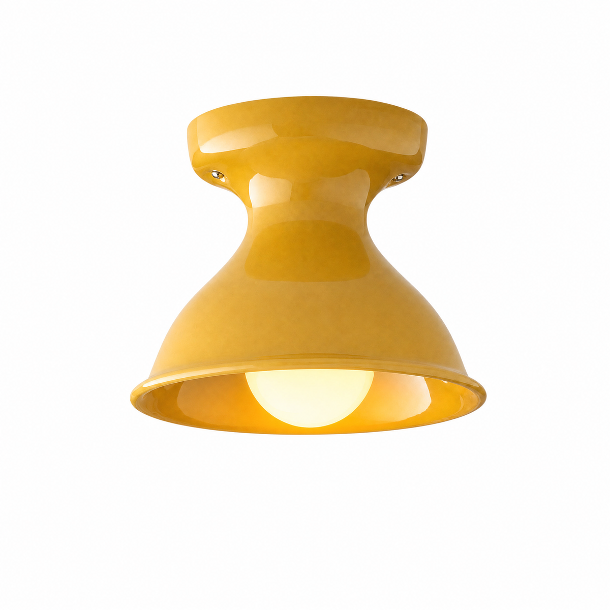 Campanella Smaltata ceramic flush mount in Chamomile, Grande, lit, on white