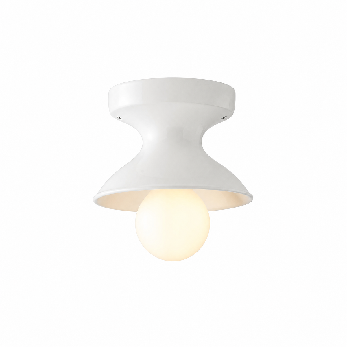 Campanella Smaltata ceramic flush mount in White, Petite, lit, on white
