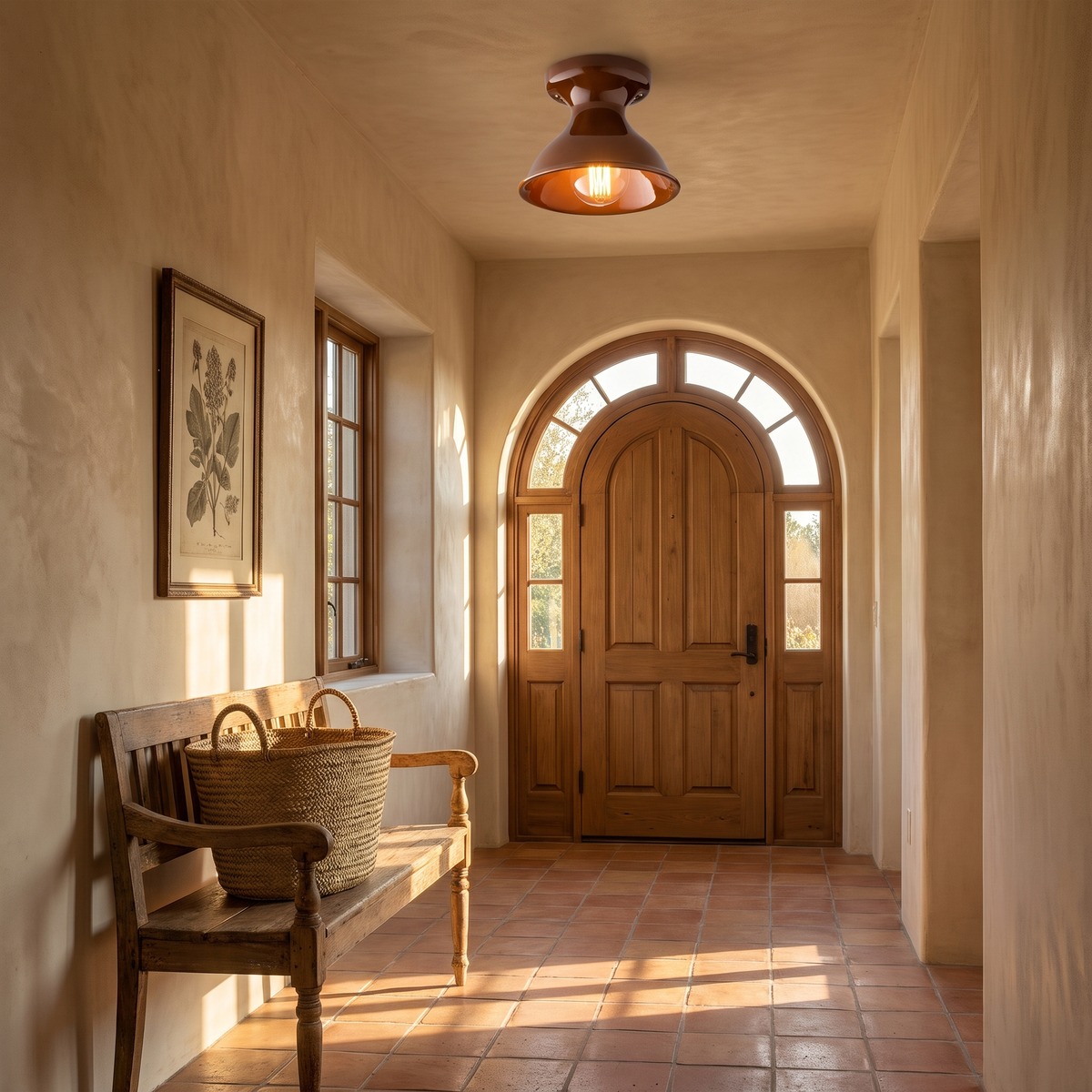 Auburn ceramic flush mount ceiling light in a terracotta-tiled entry hallway