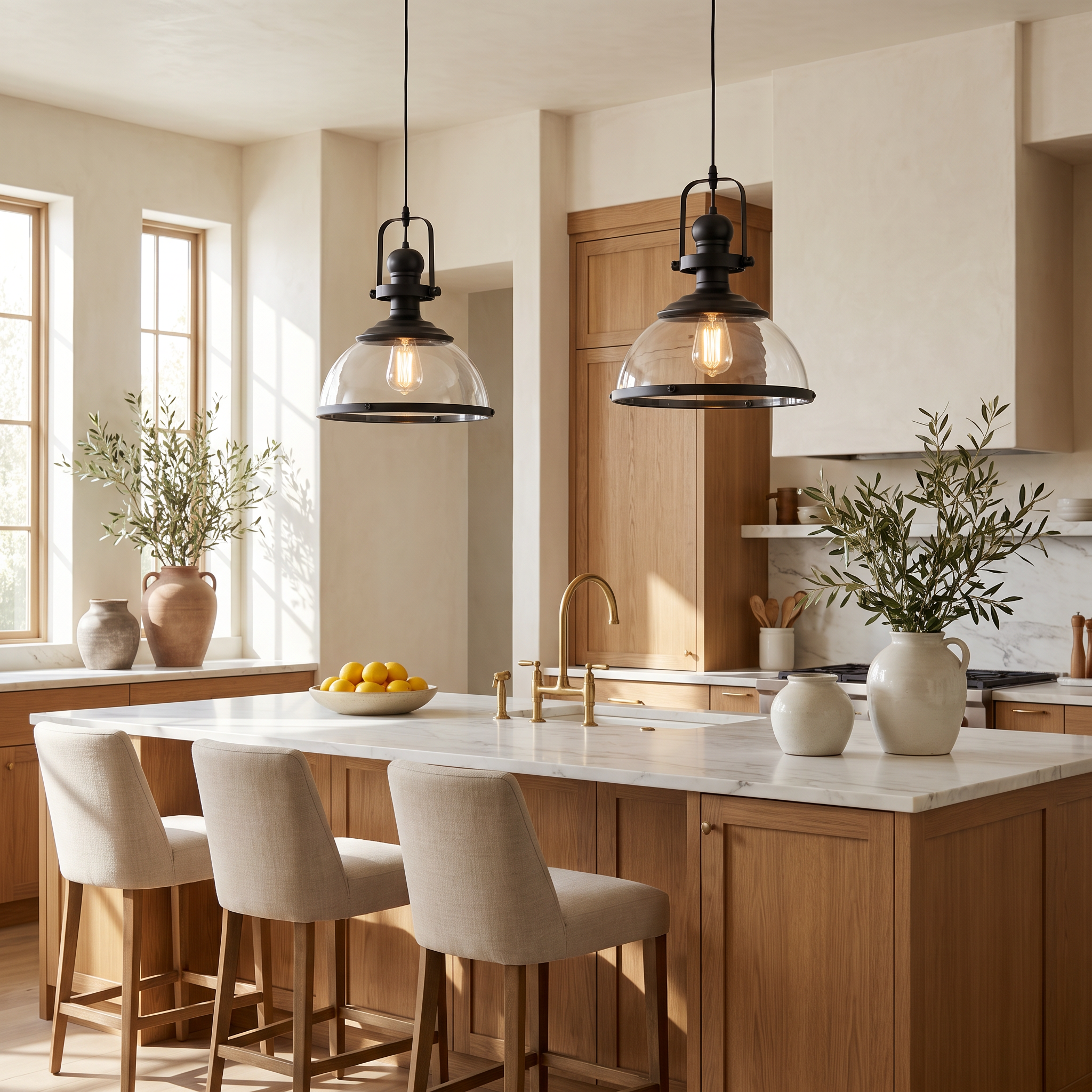 Pair of clear glass dome pendant lights over a marble kitchen island