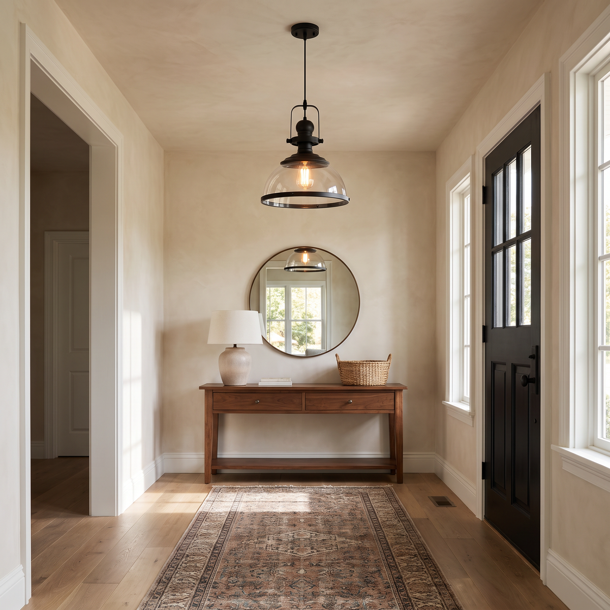 Clear glass dome pendant light in an elegant entryway