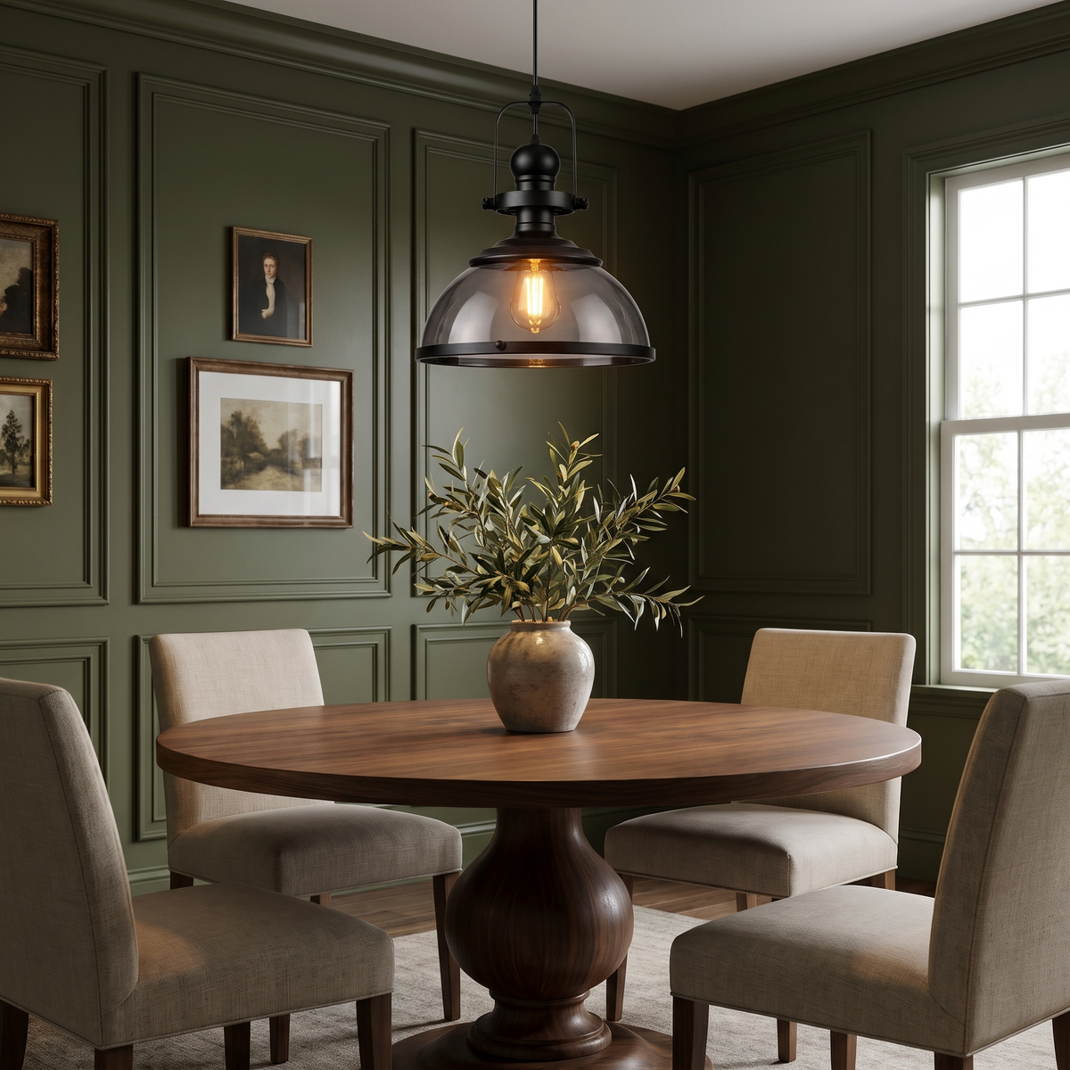 Smoked glass dome pendant light over a round walnut dining table