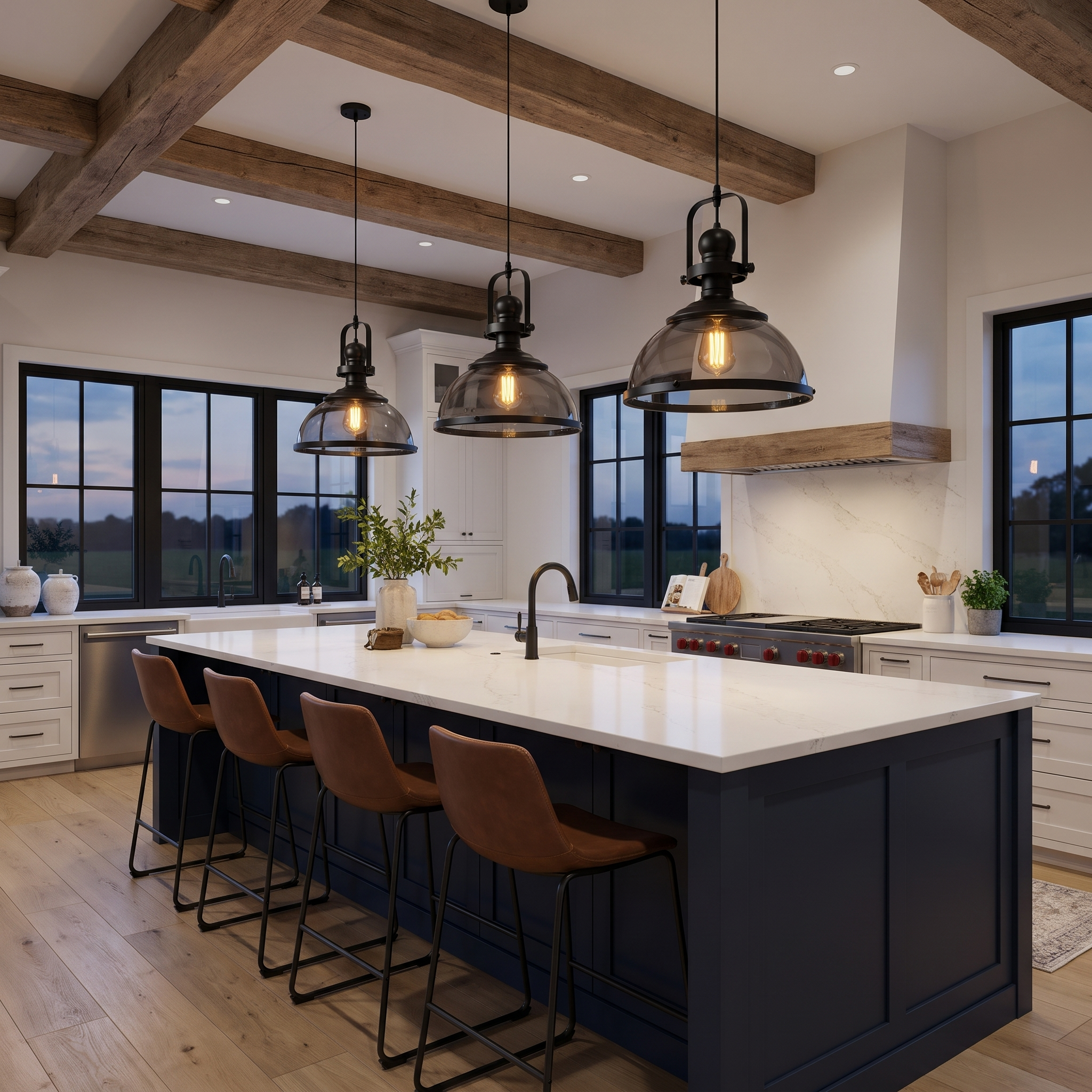 Row of three smoked glass dome pendants over a navy kitchen island