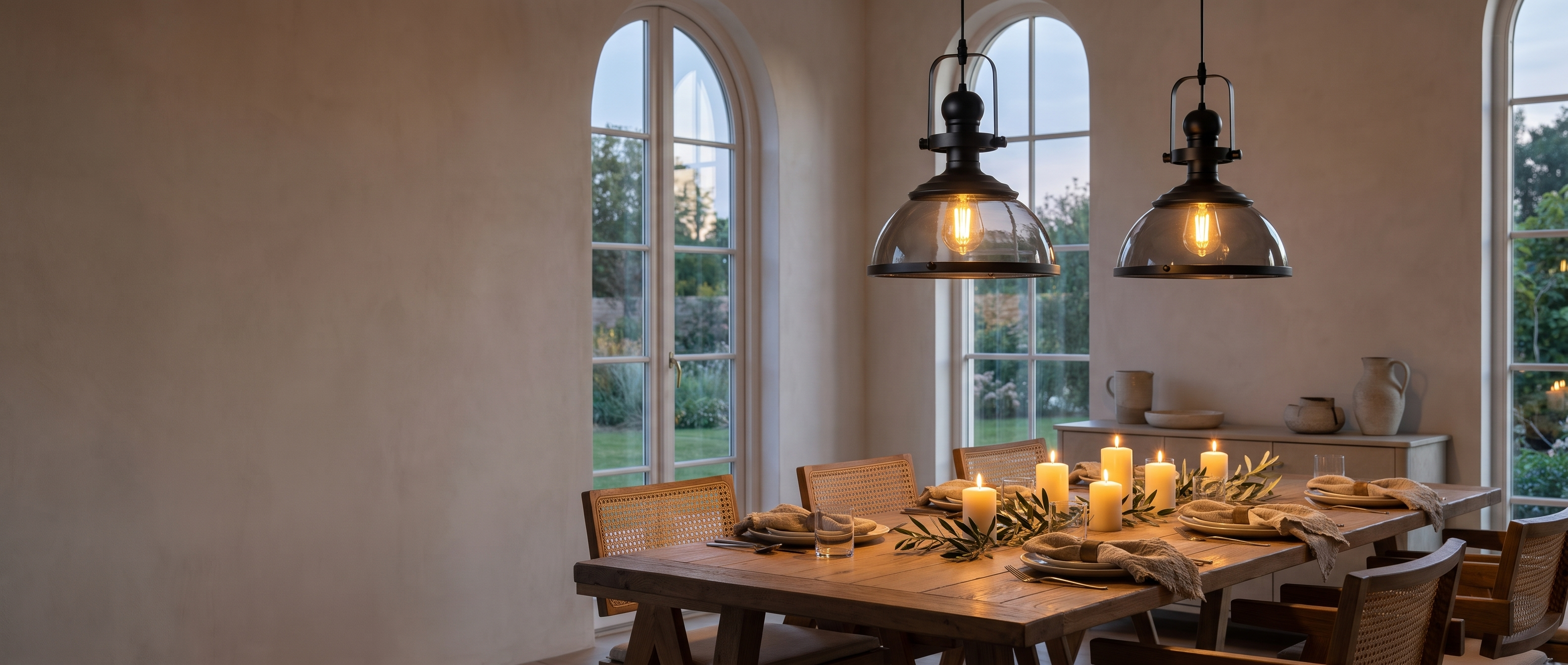 Smoked glass dome pendant lights over a candlelit oak dining table