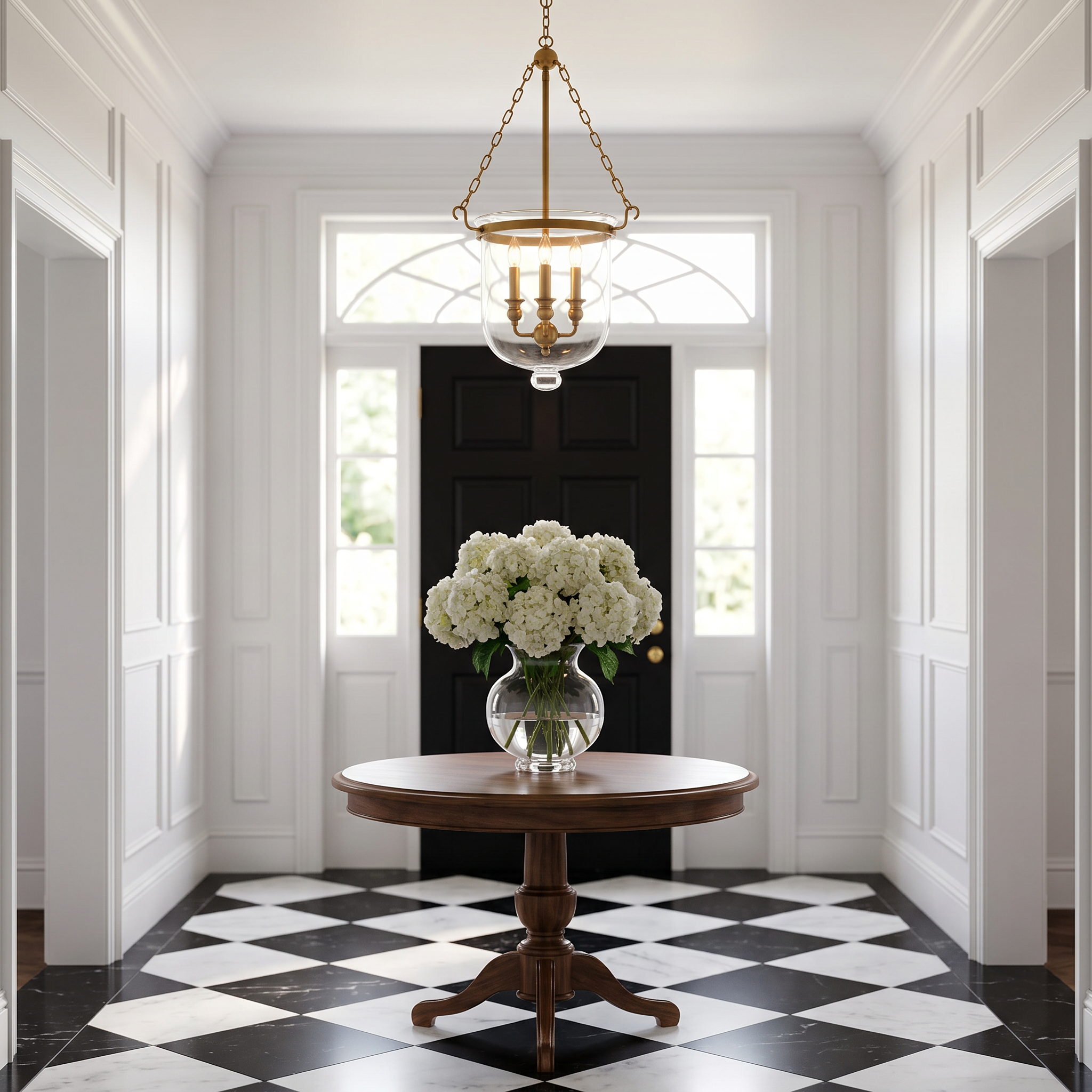 Brass bell jar pendant above a round table in a marble checkerboard foyer