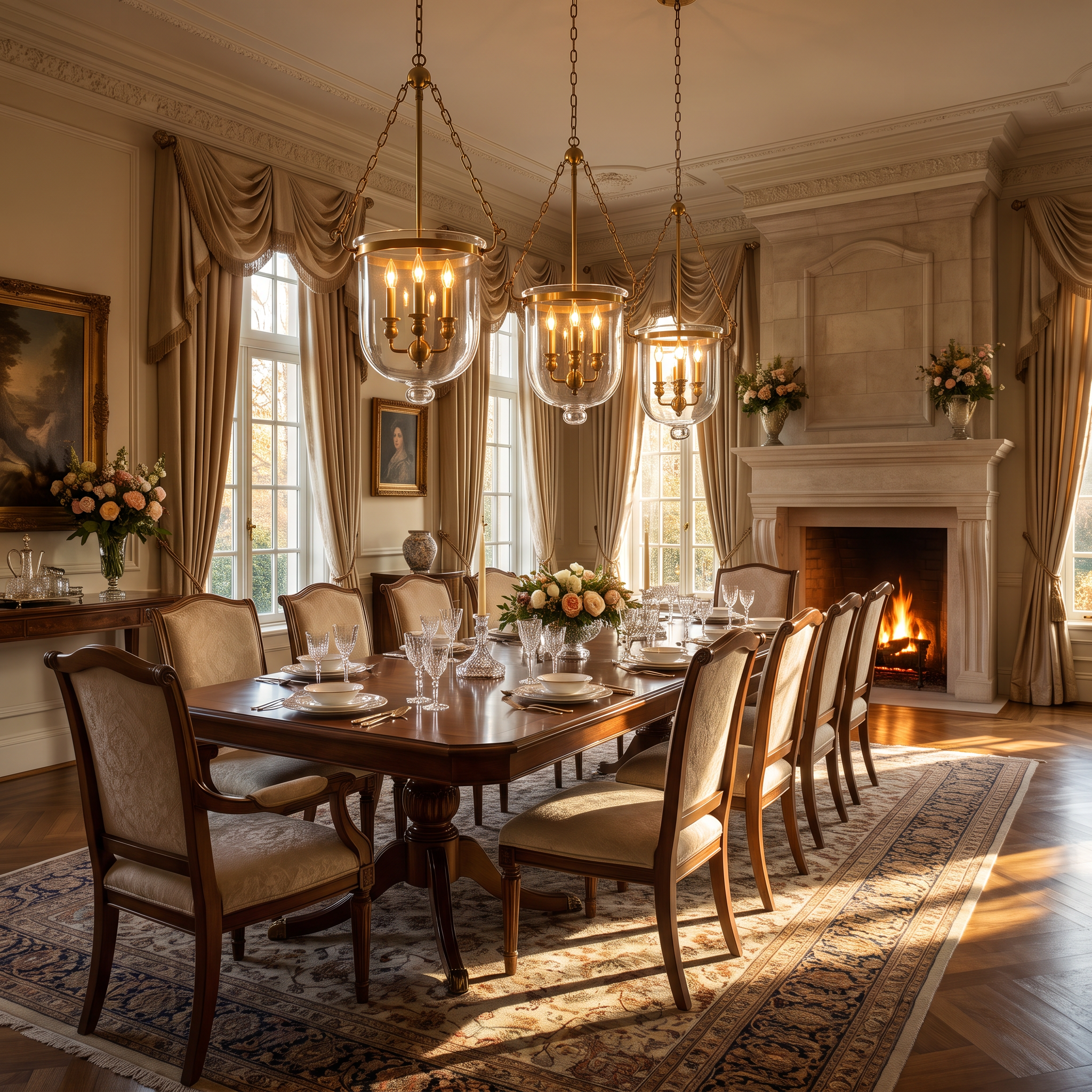 Three brass bell jar pendants over a long formal dining table