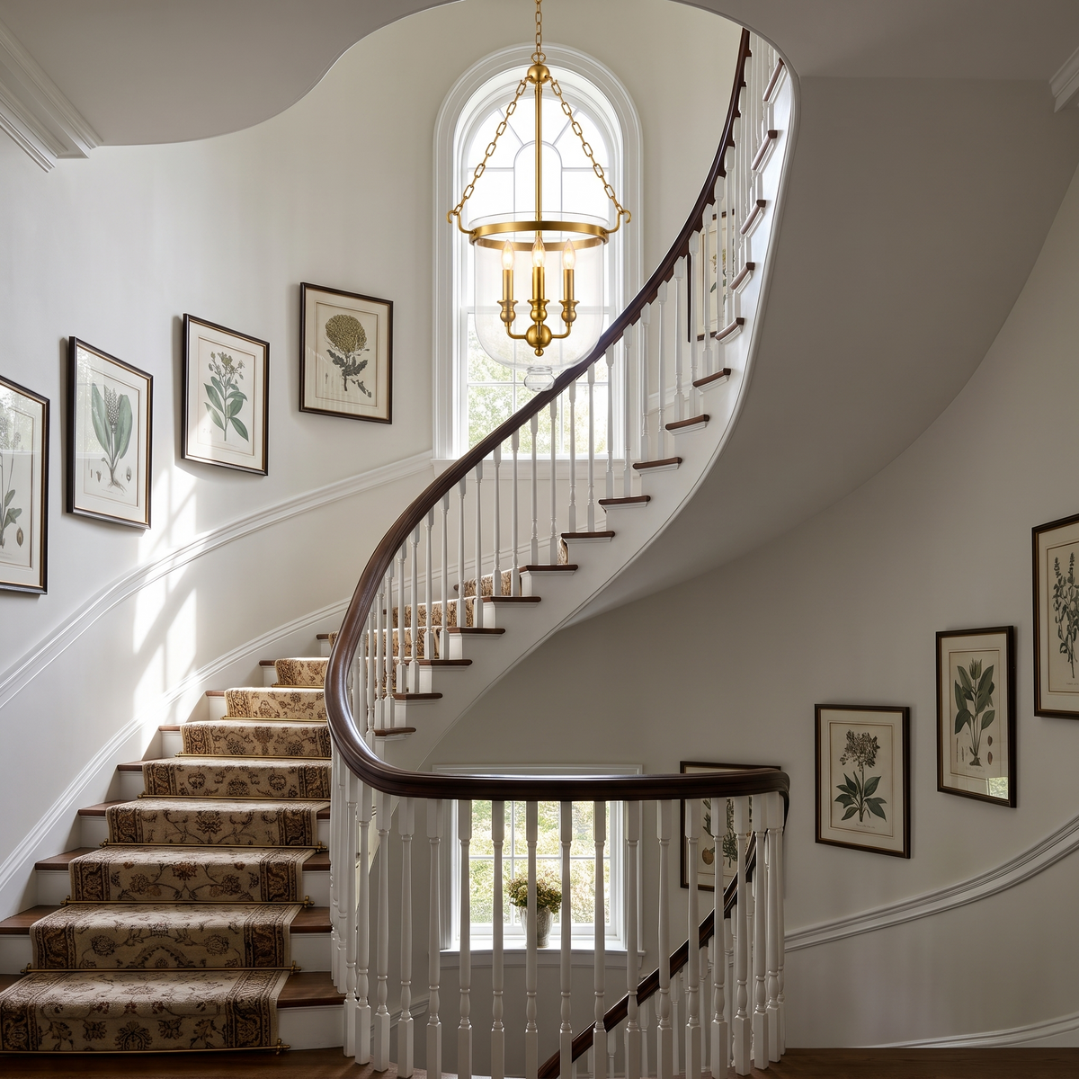 Brass bell jar pendant hanging in a curved stair hall