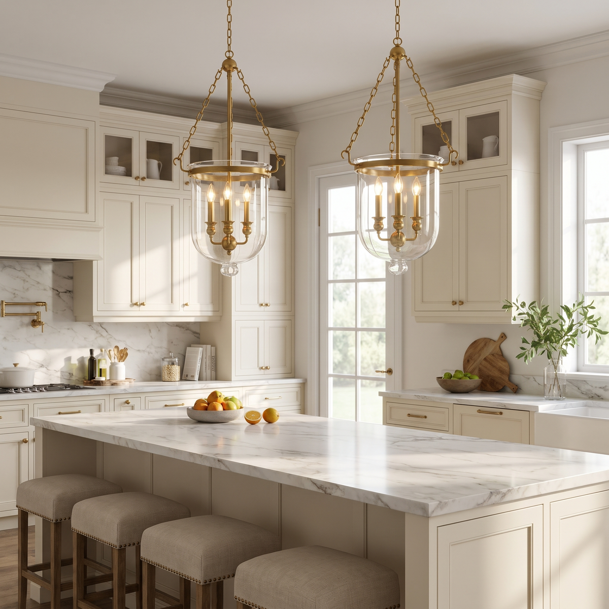 Pair of brass bell jar pendants over a marble kitchen island
