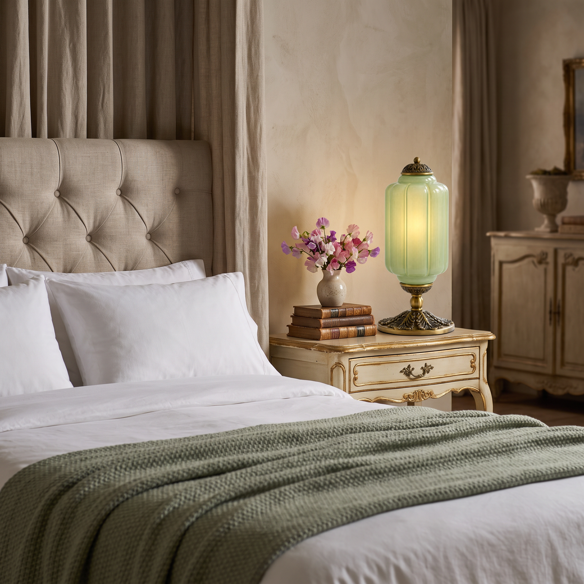 Green glass table lamp with brass base on a painted nightstand in a French bedroom