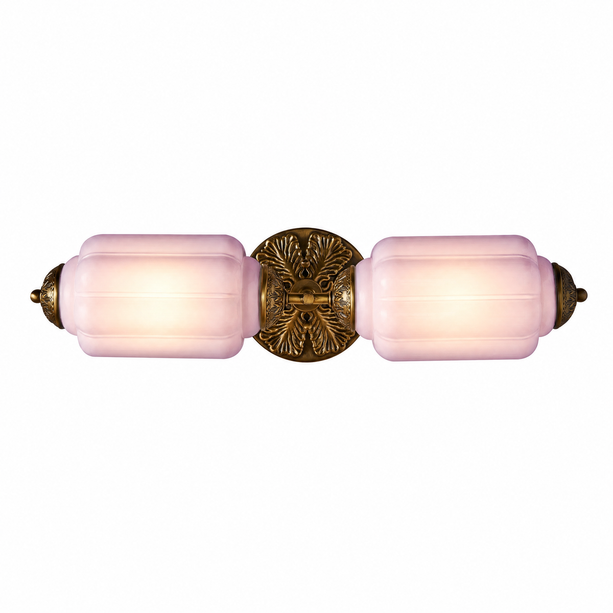 Raggiera Deco vanity light with lavender glass shades and brass sunburst plate