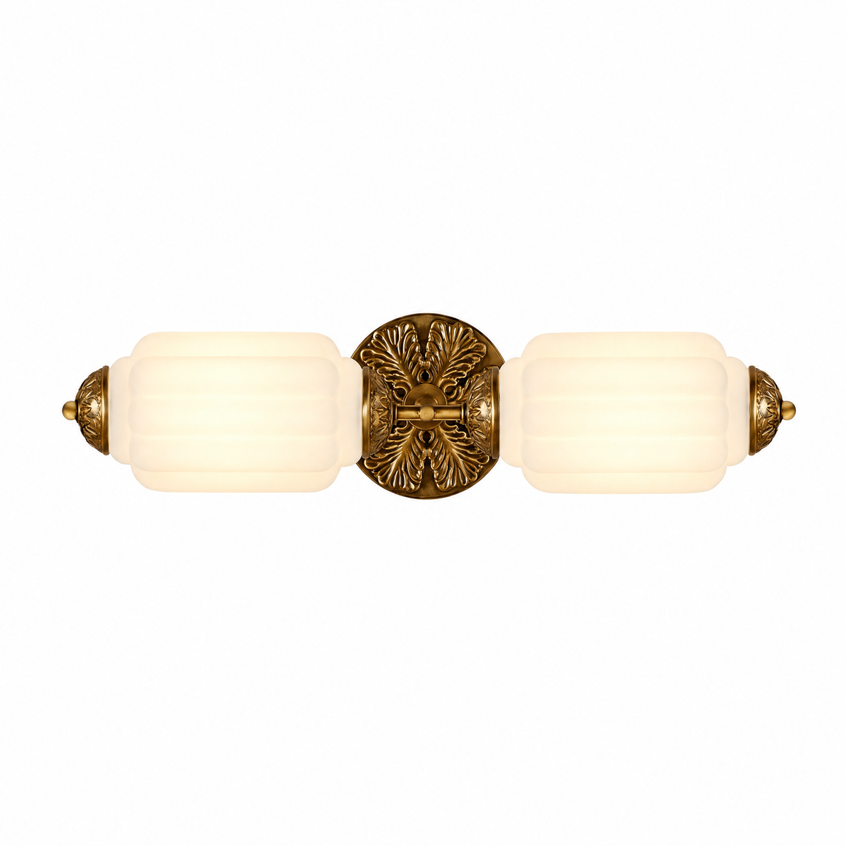 Raggiera Deco vanity light with frosted glass shades and brass sunburst plate