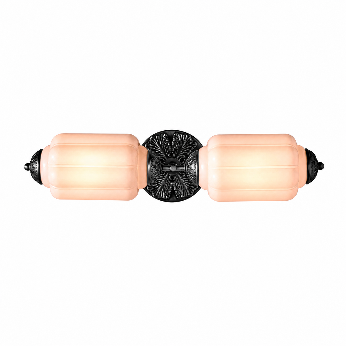 Raggiera Deco vanity light with pink glass shades and black sunburst plate
