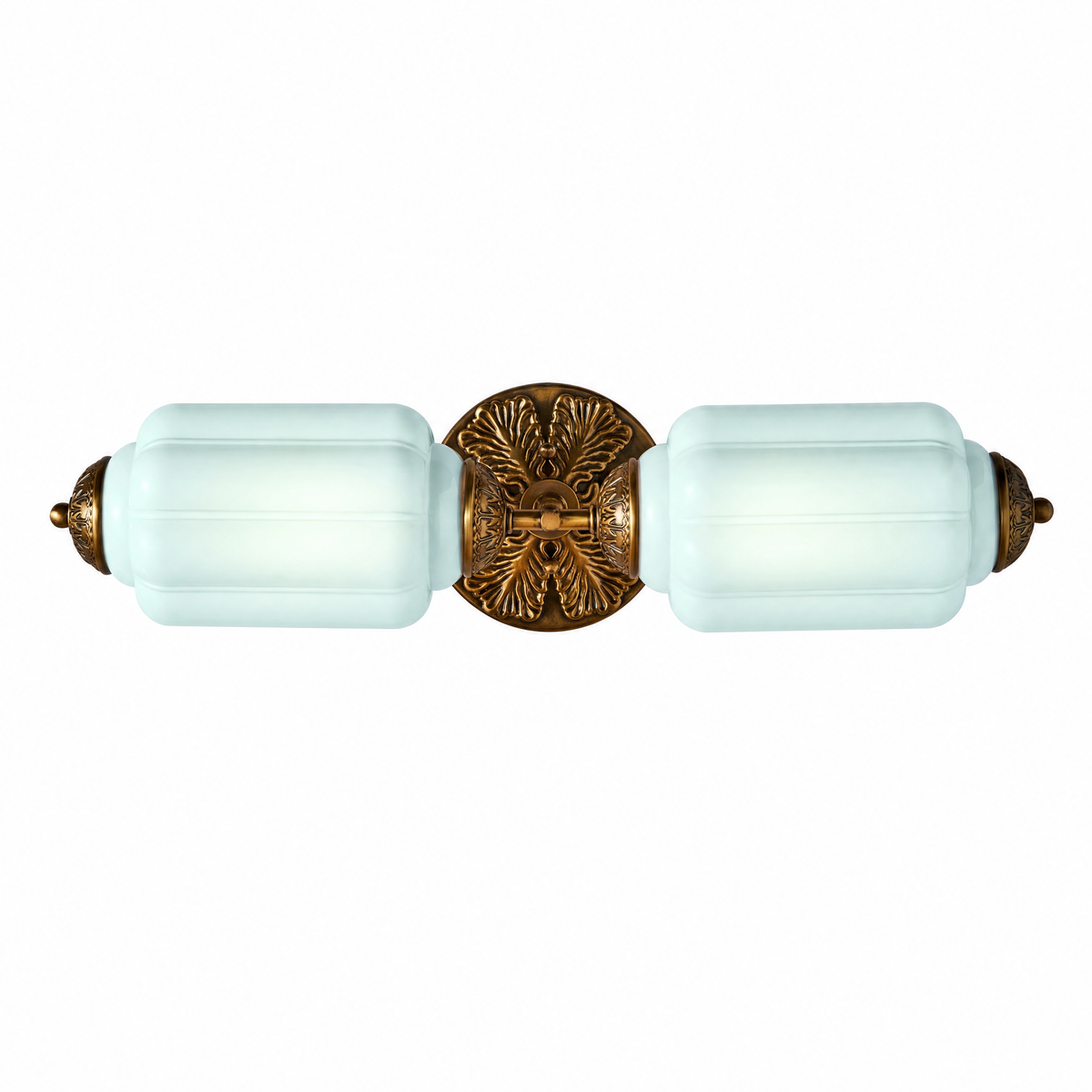Raggiera Deco vanity light with powder blue glass shades and brass sunburst plate