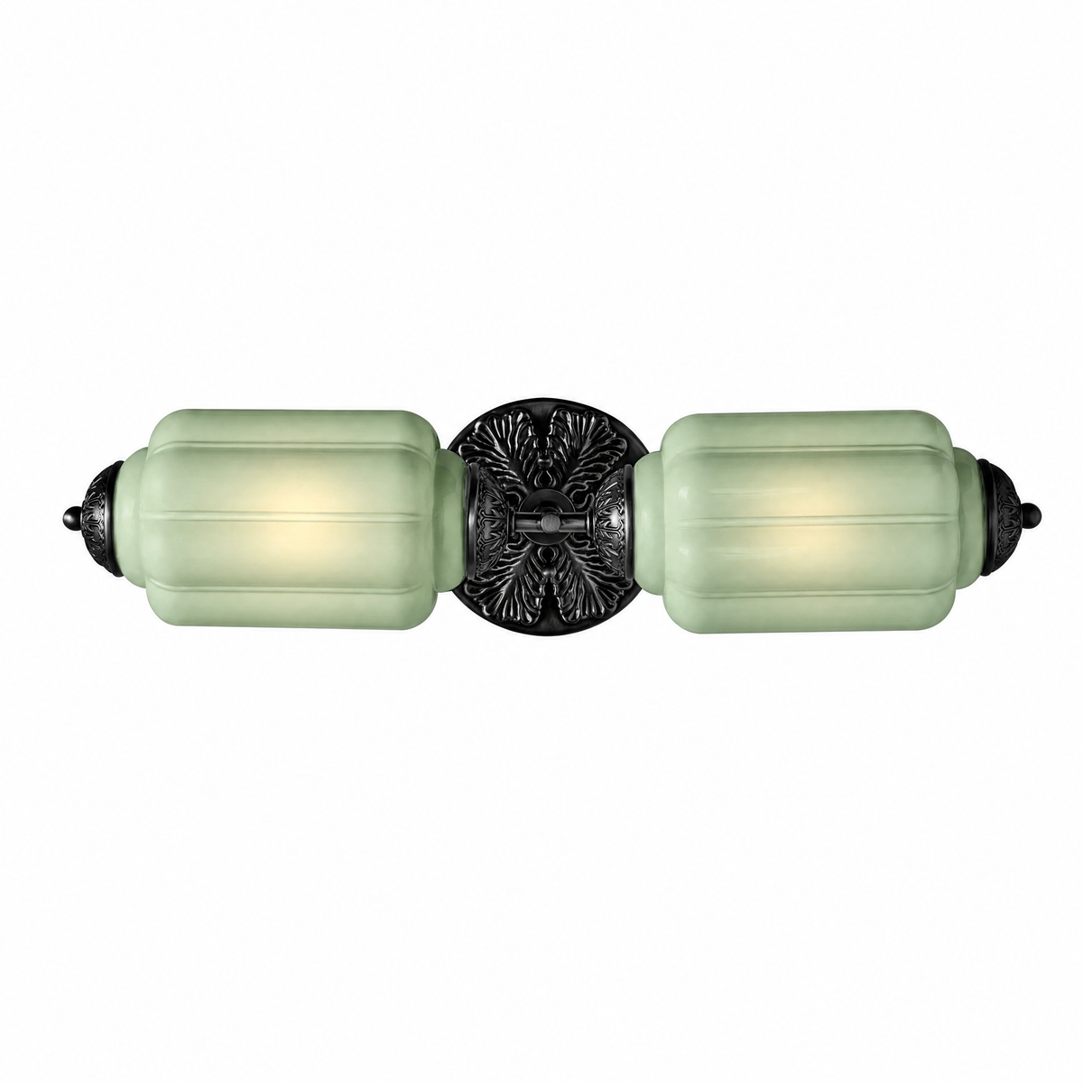 Raggiera Deco vanity light with sage green glass shades and black sunburst plate