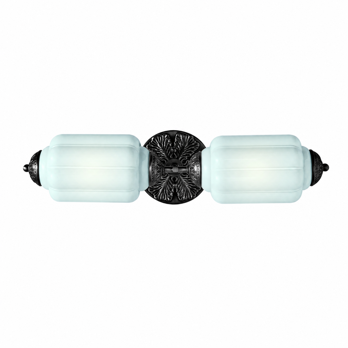 Raggiera Deco vanity light with powder blue glass shades and black sunburst plate