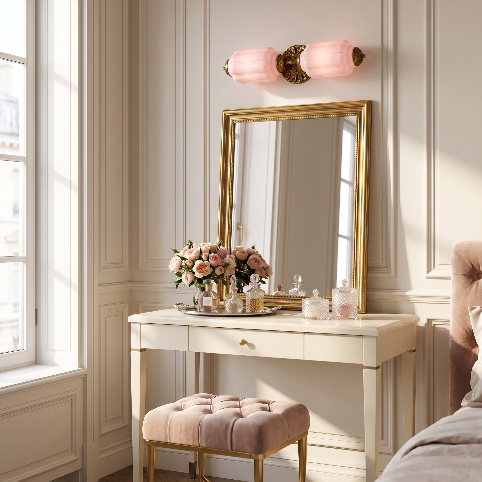 Pink glass Art Deco vanity light glowing above a gilt mirror on a cream dressing table