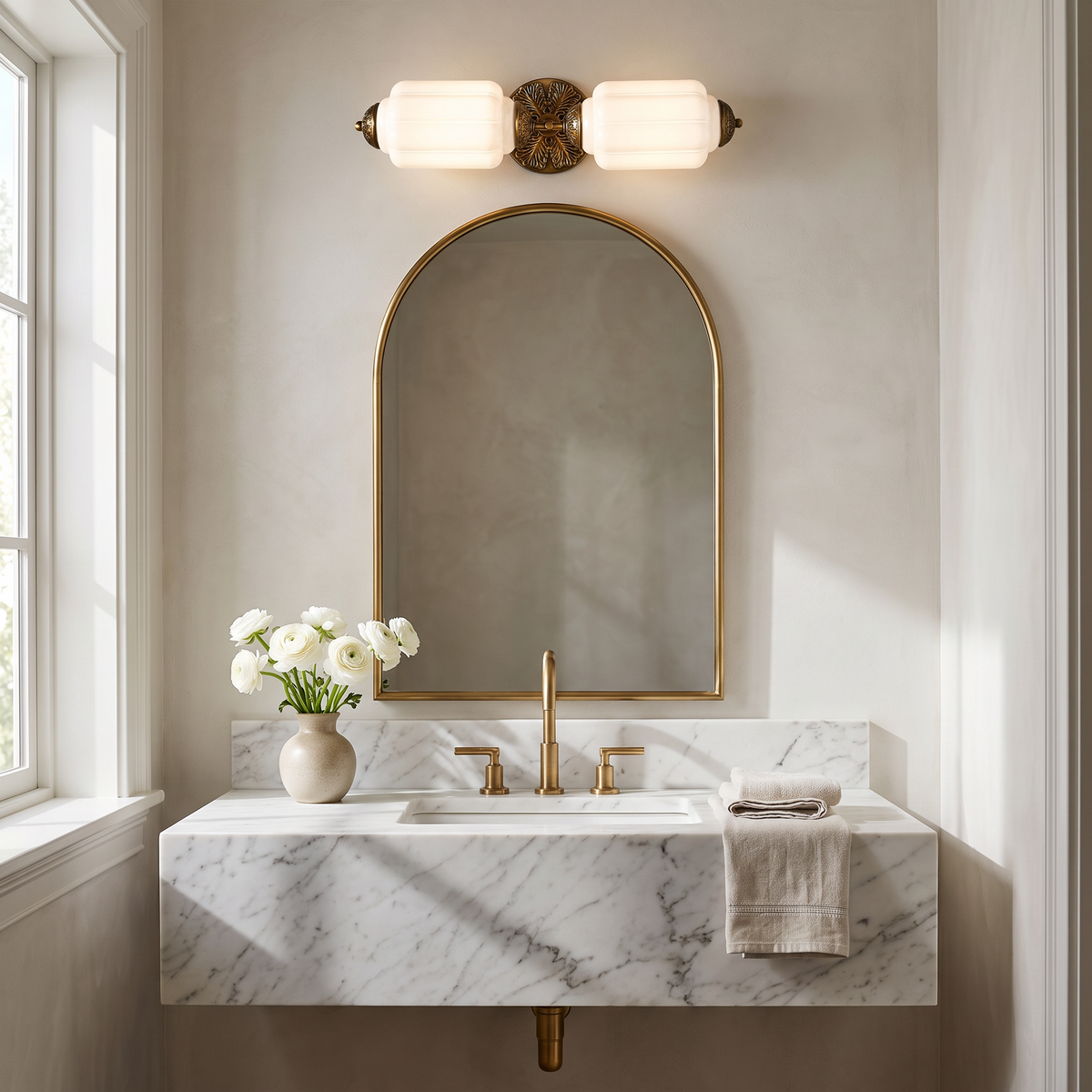 White milk glass Art Deco vanity light with brass sunburst plate above an arched mirror in a marble powder room