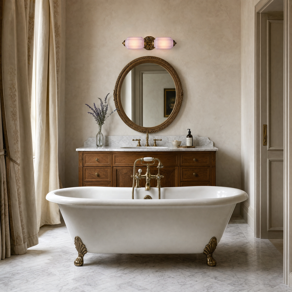 Lavender glass vanity light with brass sunburst plate above an oval mirror and washstand behind a clawfoot tub