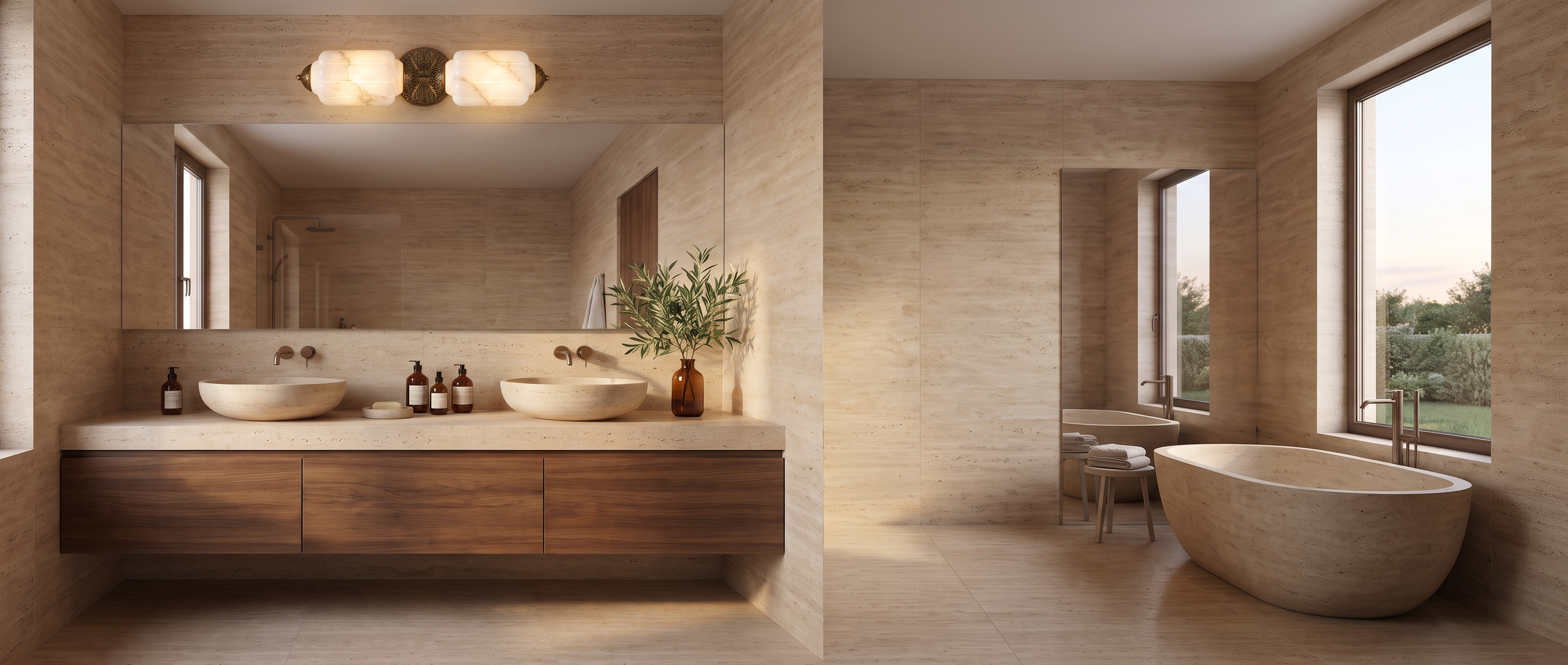 Alabaster Art Deco vanity light glowing above a walnut double vanity in a travertine spa bathroom