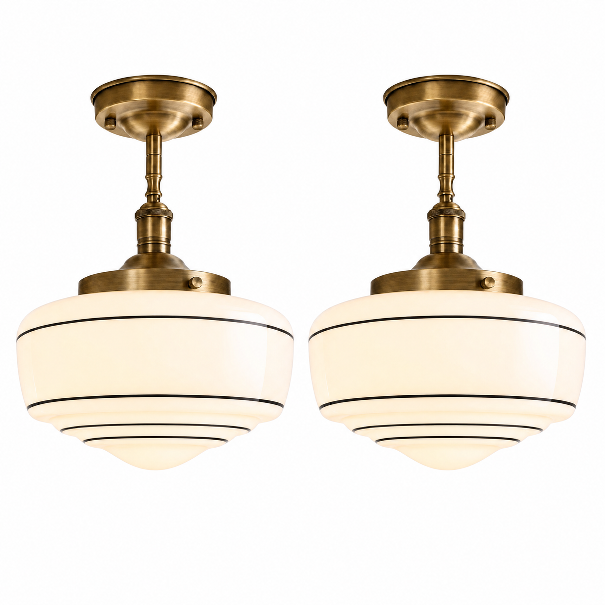Set of 2 Collegio Rigato schoolhouse semi-flush ceiling lights in antique brass and milk glass