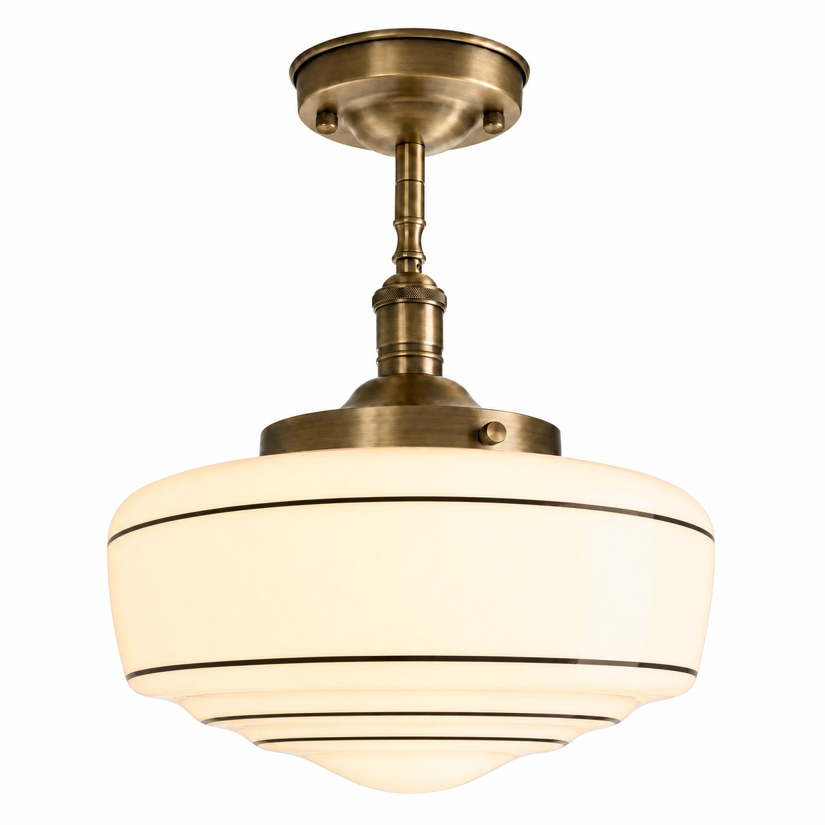 Collegio Rigato schoolhouse semi-flush ceiling light with pinstriped milk glass shade and antique brass
